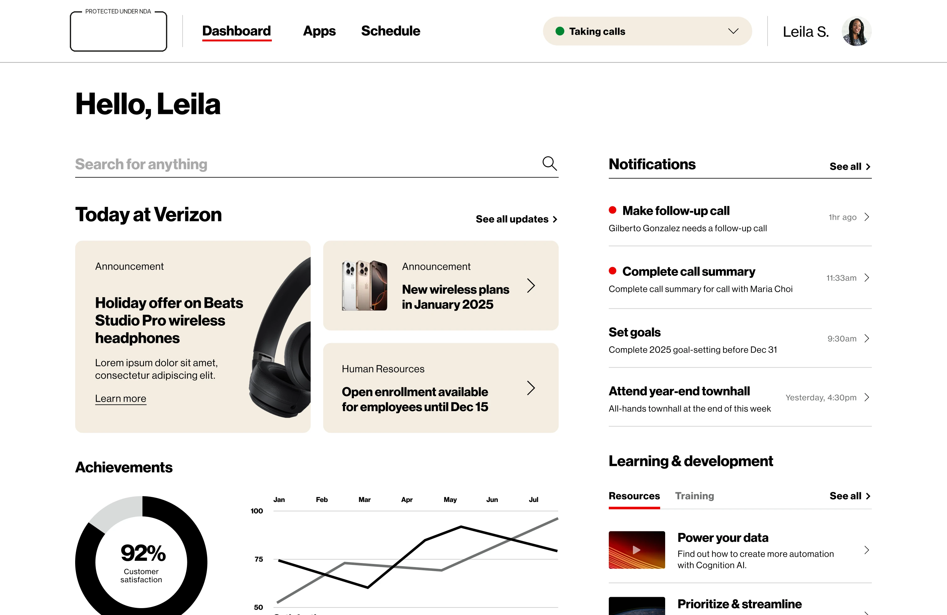 Dashboard with the agent set to taking calls