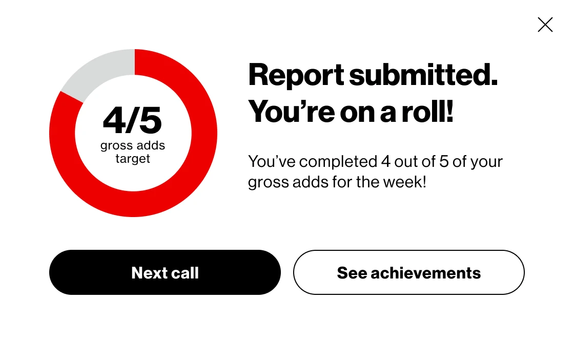 Report submitted modal with gross adds progress