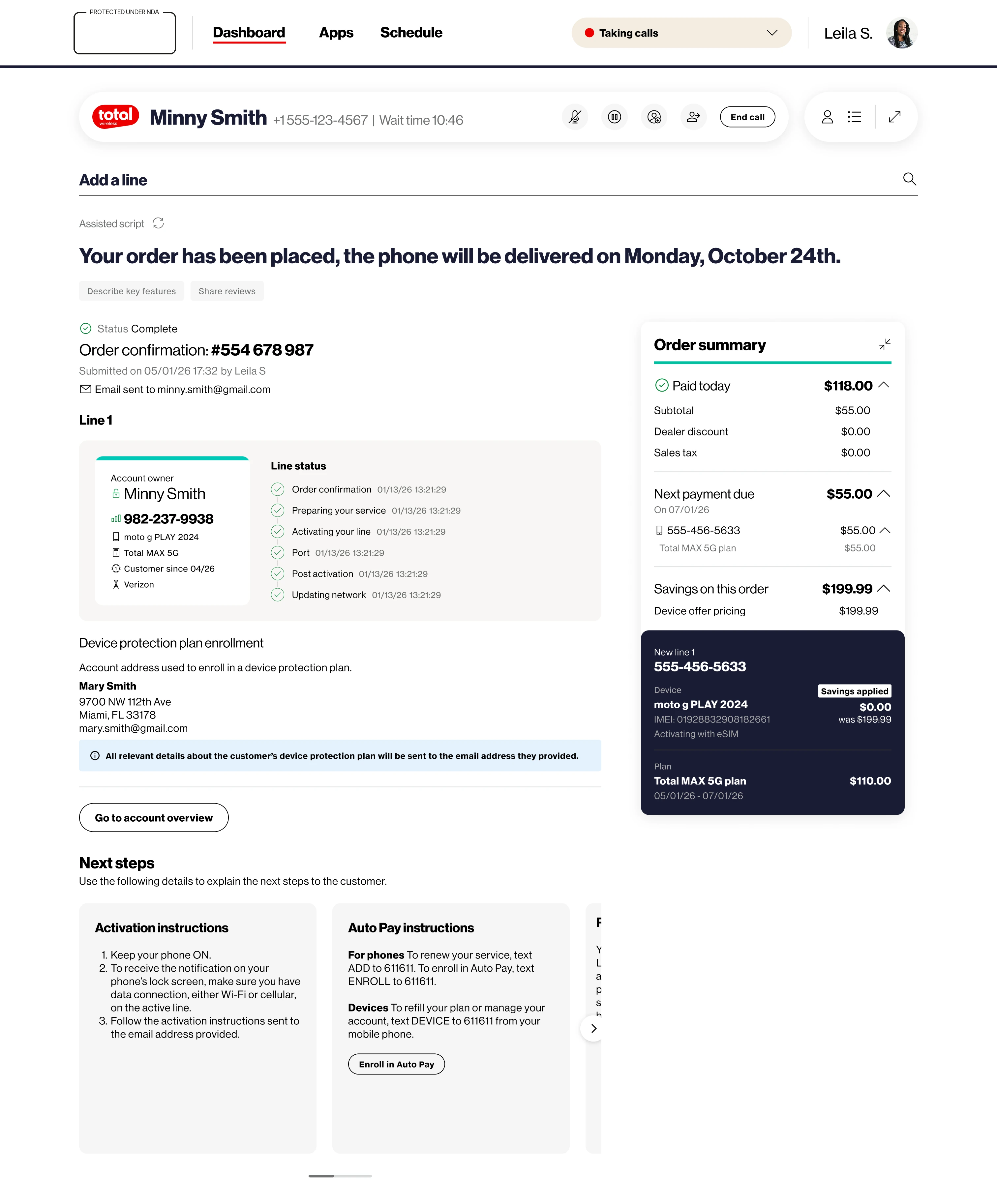 Order placed: confirmation and line status