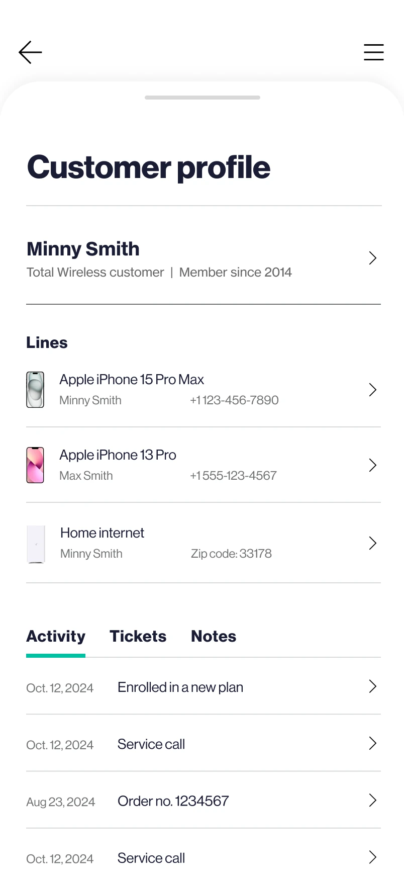 Lines, activity, history — one tap deep.
