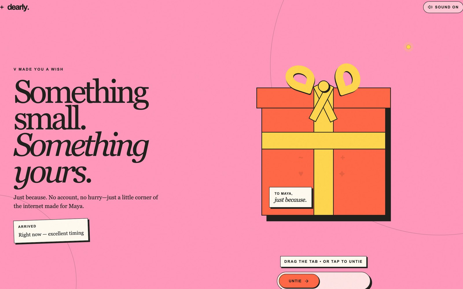 The receiver's landing page: a personalised headline, an arrived timestamp, the wrapped parcel and a drag-to-untie tab.
