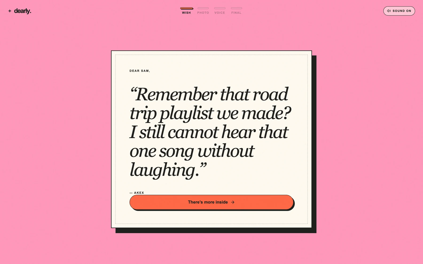The wish: The note gets the screen to itself. No nav, no branding competing for the read, nothing hurrying them along.