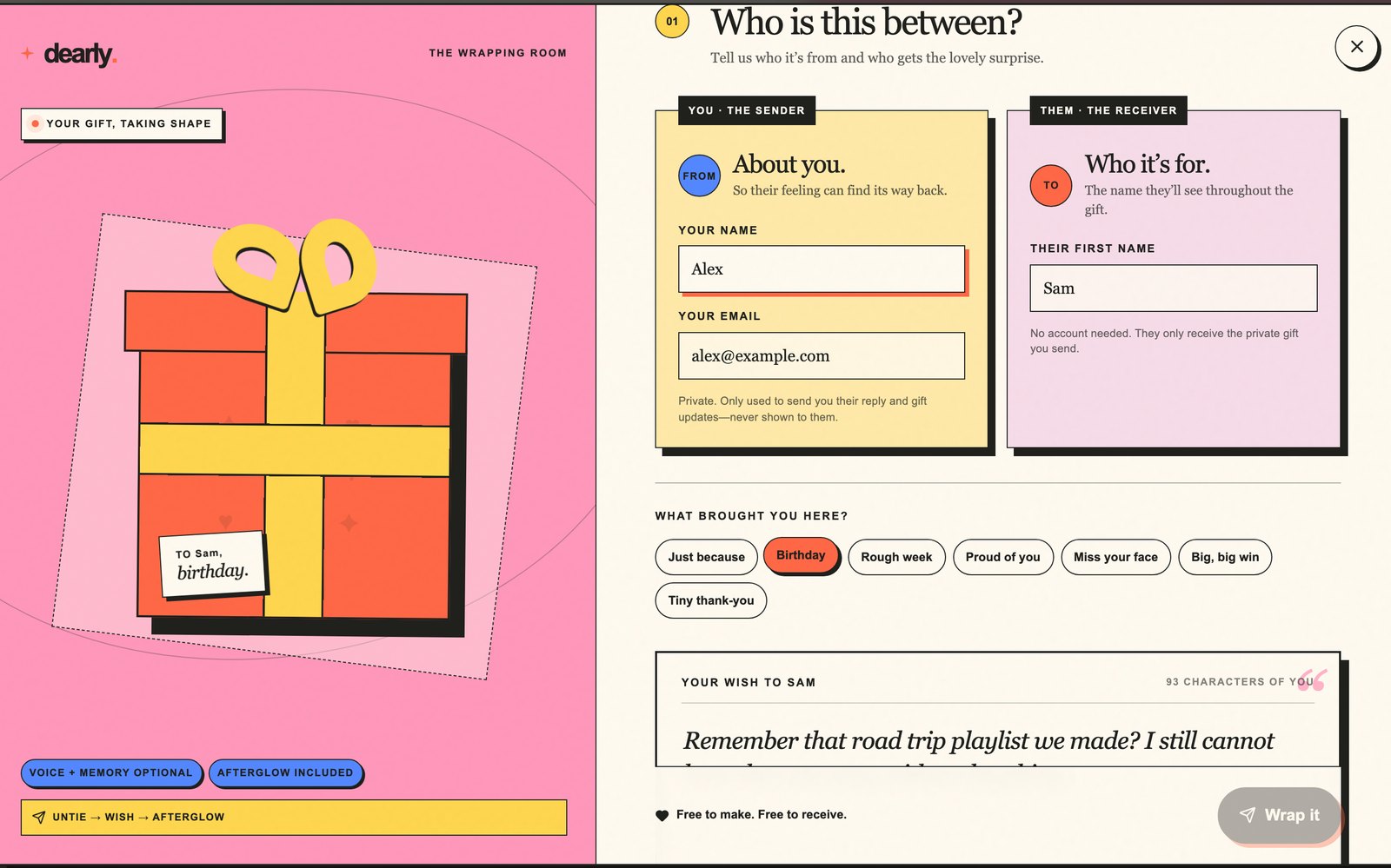 Step 01, Who is this between: sender and receiver cards side by side, an occasion picker, and the wish textarea with a character counter reading 93 characters of you.