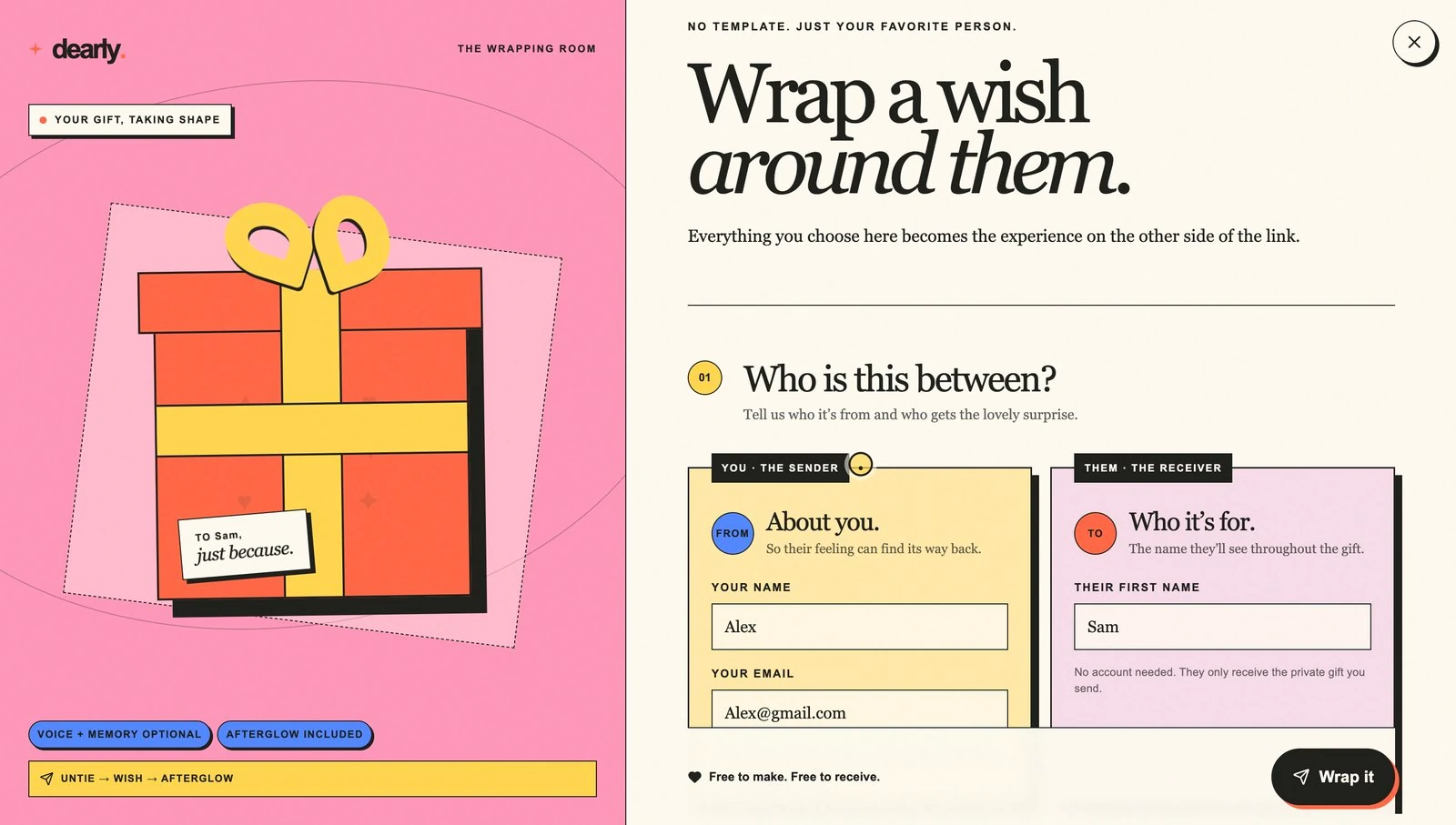 Step 01, Who is this between: sender and receiver cards side by side, an occasion picker, and the wish textarea with a character counter reading 93 characters of you.