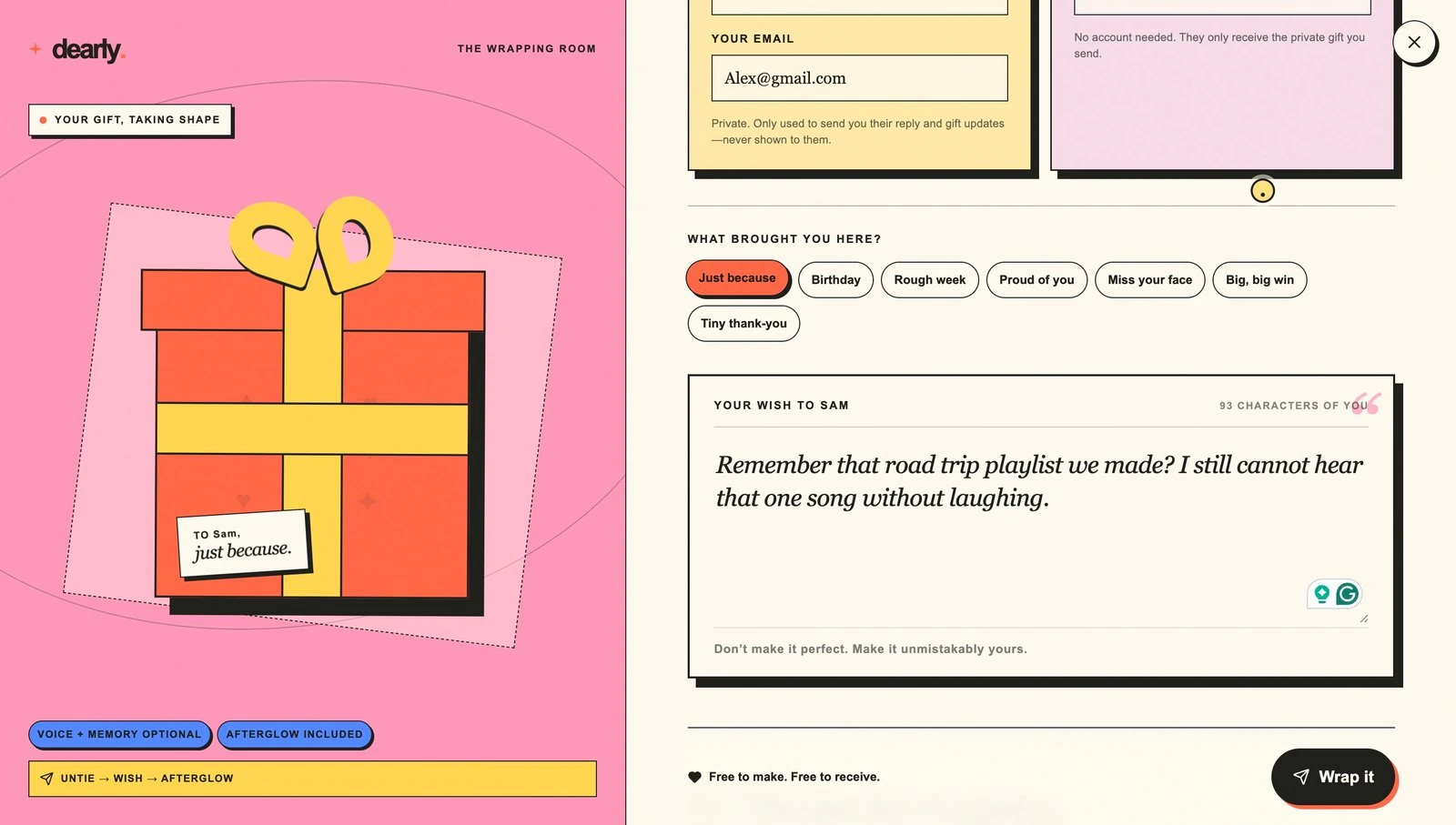 The occasion picker with Just because selected, above the wish textarea reading 'Remember that road trip playlist we made? I still cannot hear that one song without laughing.' and a counter showing 93 characters of you.