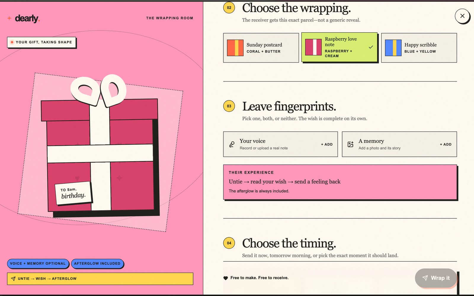 Step 02, Choose the wrapping: three named wrap styles, with Raspberry love note selected and the live preview re-themed to raspberry and cream.