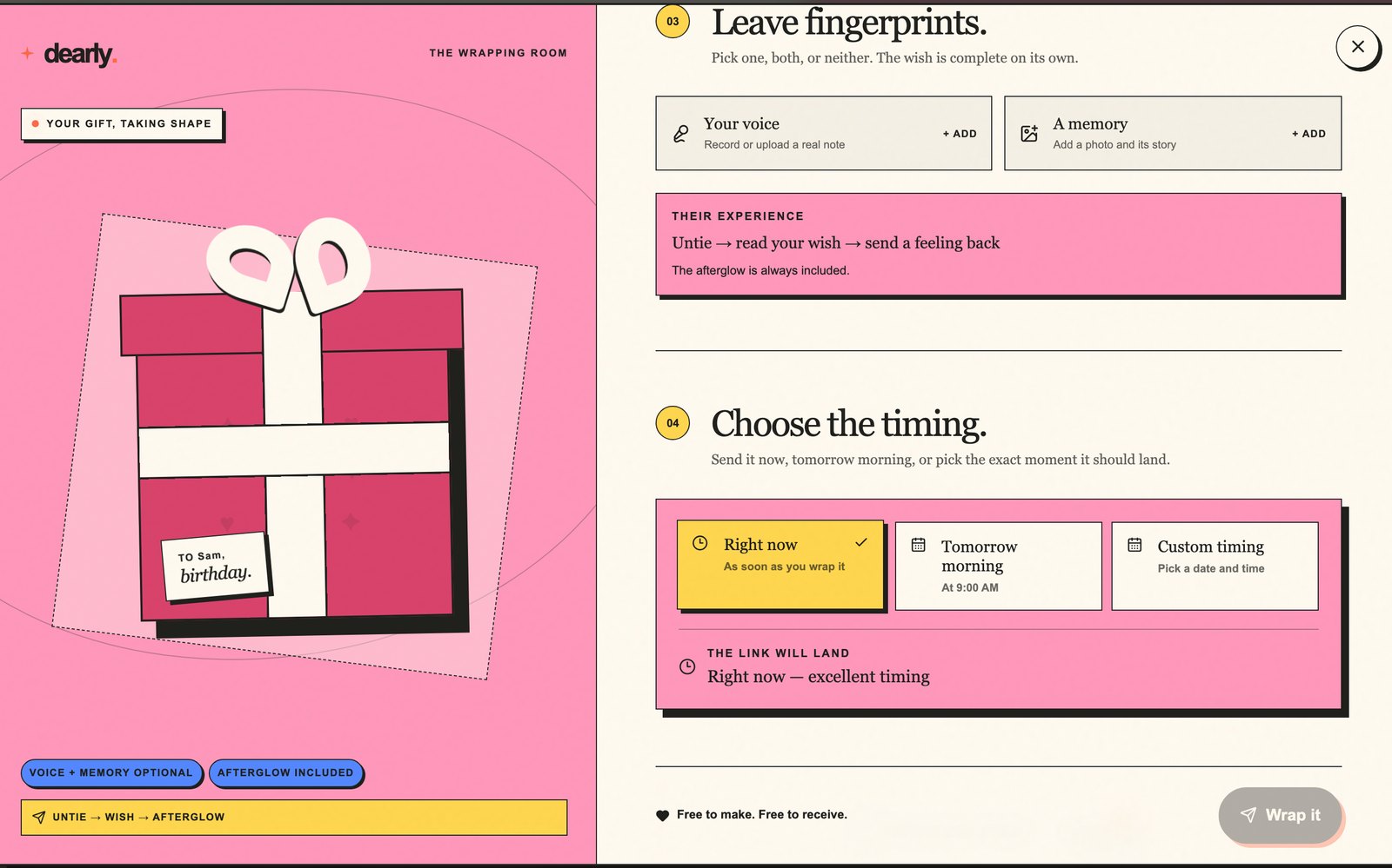 Step 03, Leave fingerprints: optional voice note and photo memory, above a pink panel describing the receiver's experience.