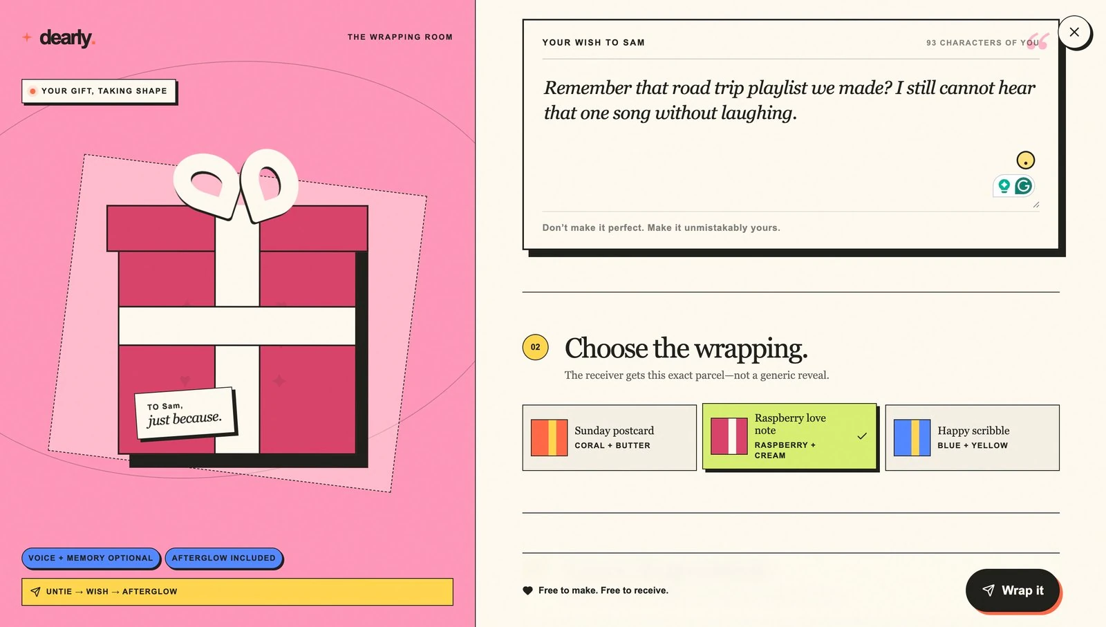 Step 02, Choose the wrapping: three named wrap styles, with Raspberry love note selected and the live preview re-themed to raspberry and cream.