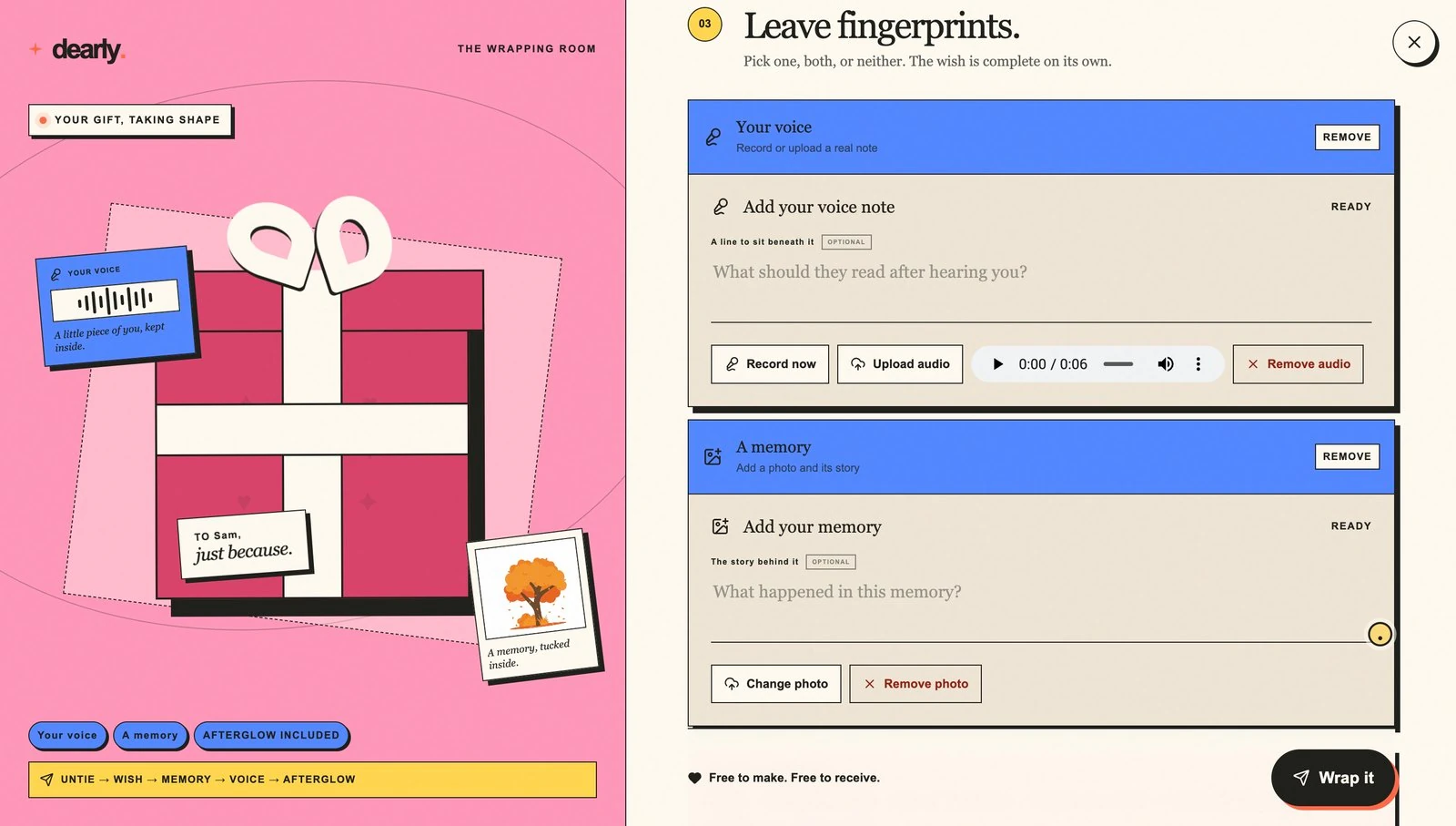 Step 03, Leave fingerprints: optional voice note and photo memory, above a pink panel describing the receiver's experience.
