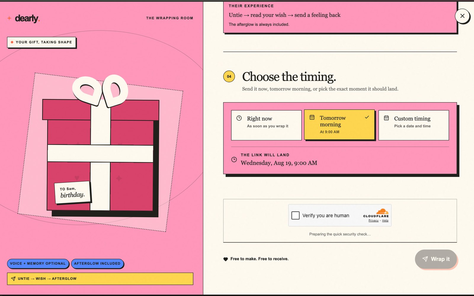 Step 04, Choose the timing: right now, tomorrow morning, or a custom moment, with Wrap it waiting at the bottom.