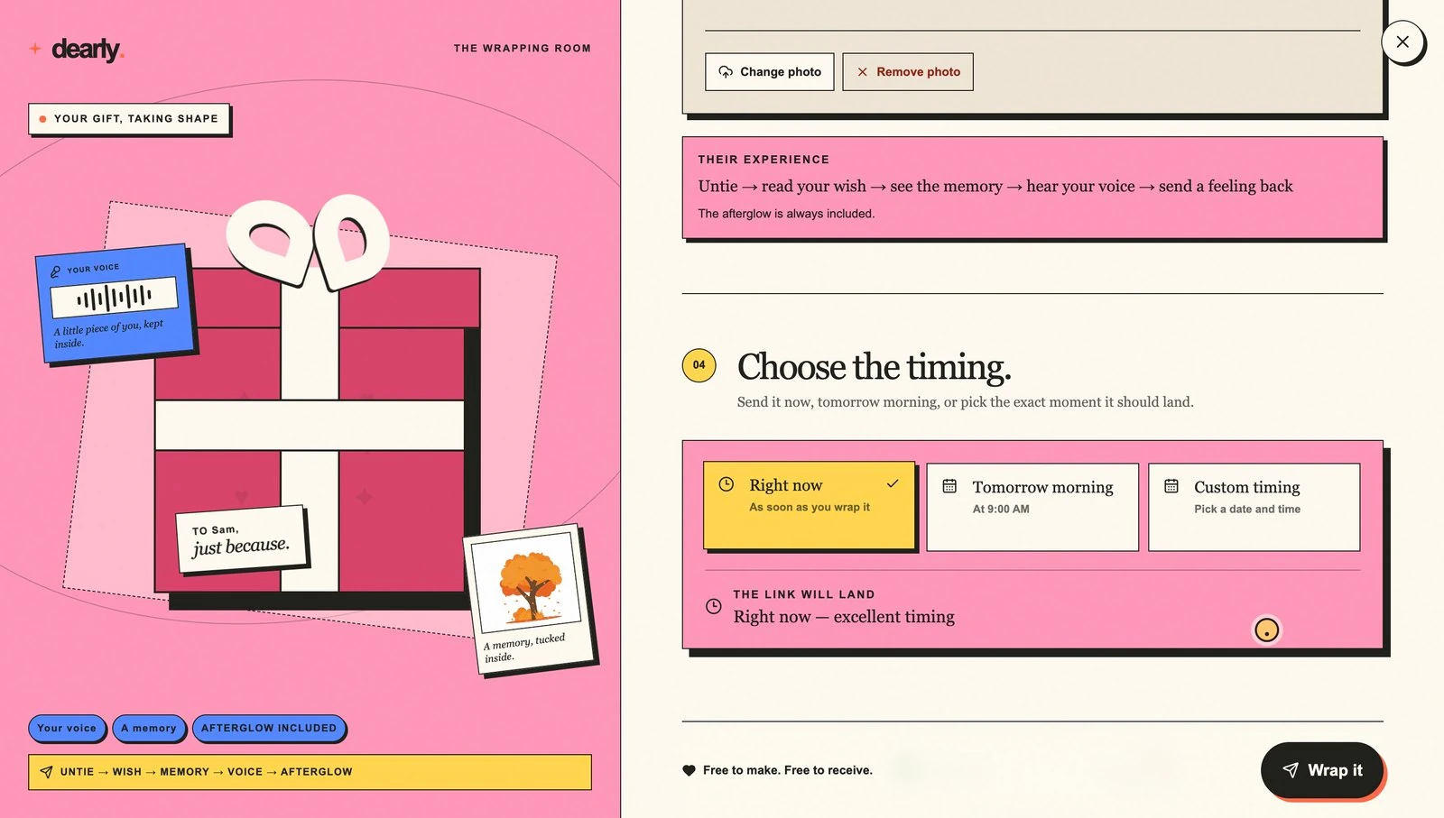Step 04, Choose the timing: right now, tomorrow morning, or a custom moment, with Wrap it waiting at the bottom.