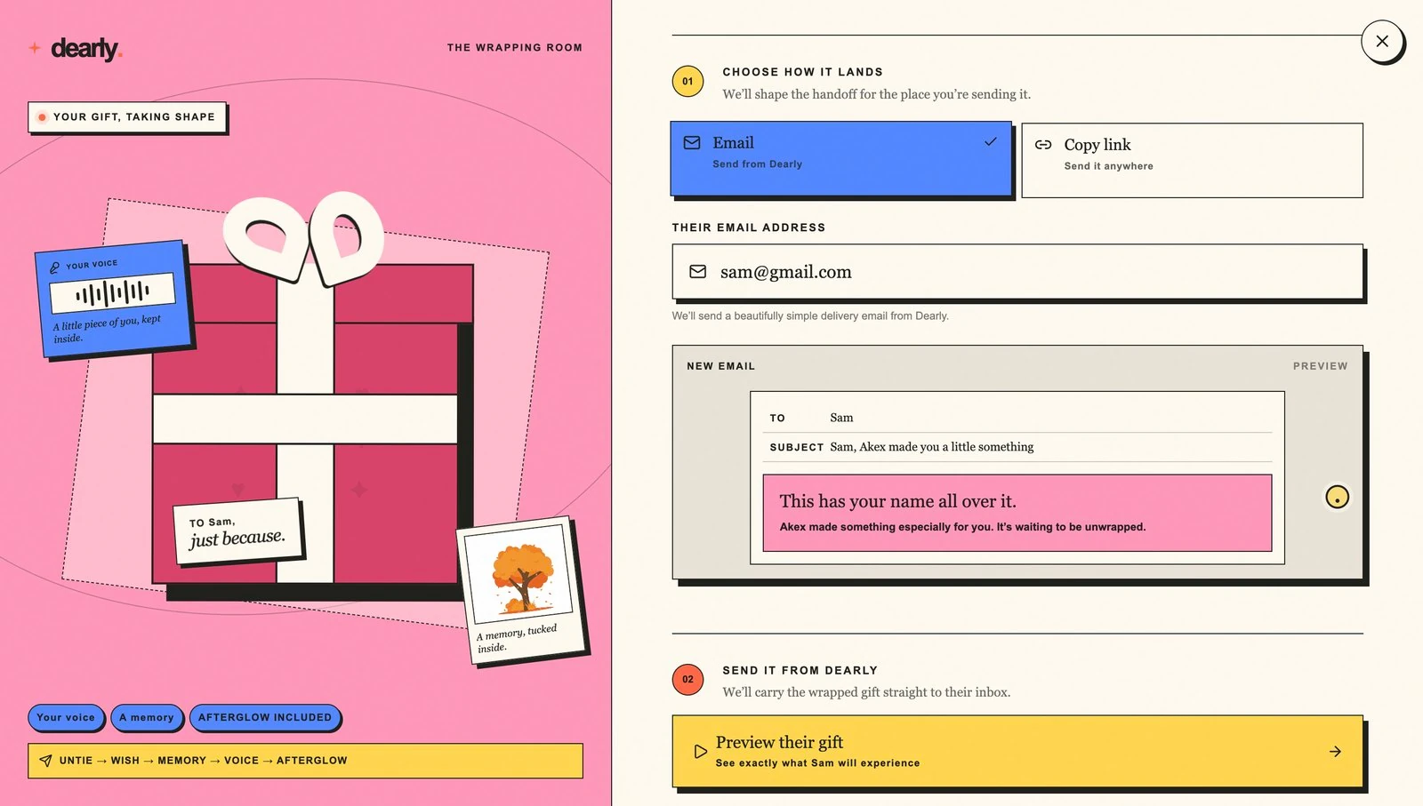 Step 05: Sam's wish is ready. Choose how it lands — Email from Dearly, or copy the link and send it anywhere — with the receiver's address and a preview of the delivery email.