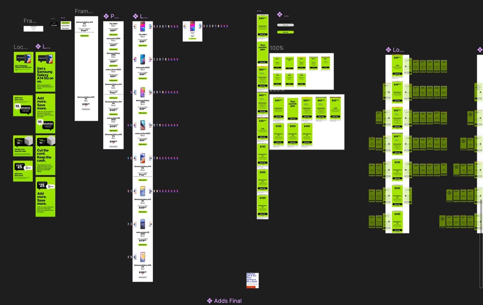 The Figma file's Local Components canvas: tilelets, offer cards, phone carousel content, plan cards at every price point, and VDS buttons — many with Max-Zoom variants